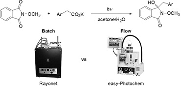 Photodecarboxylative Benzylations of N-Methoxyphthalimide under Batch and Continuous-Flow Conditions